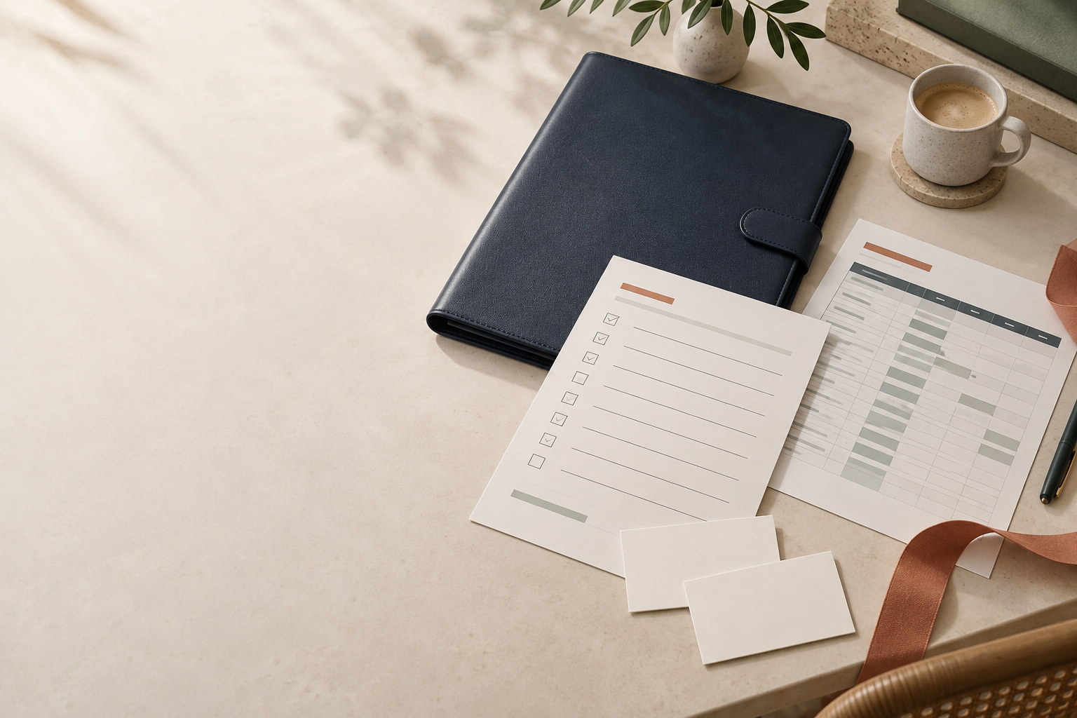 A navy planning folio, continuity checklist, and spreadsheet dashboard on an ivory desk